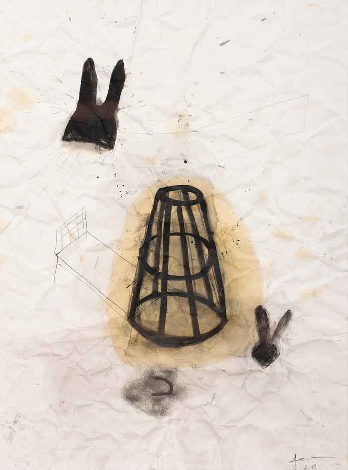 Amina Benbouchta, Rabbit. Crayon, acrylique ,huile de lin sur papier froissé. Dessin contemporain Maroc