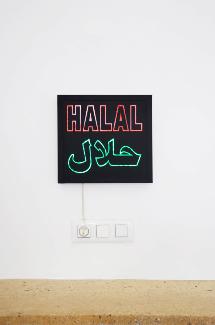 Soukaina Joual Halal exposition vidéo et installation au Cube. Panneaux lumineux monde arabe