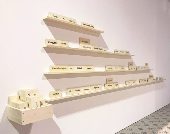 Terra Nullius [Les marges de la joie], 2019  Installation 111 plaques de bois sérigraphiées et une étagère  Bois et sérigraphie